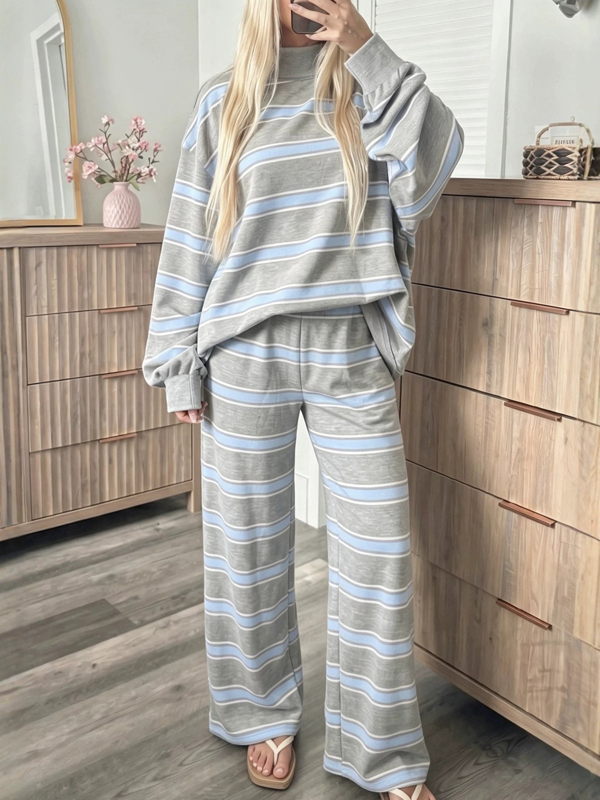 Striped Mock-Neck Top & Wide-Leg Pants Set