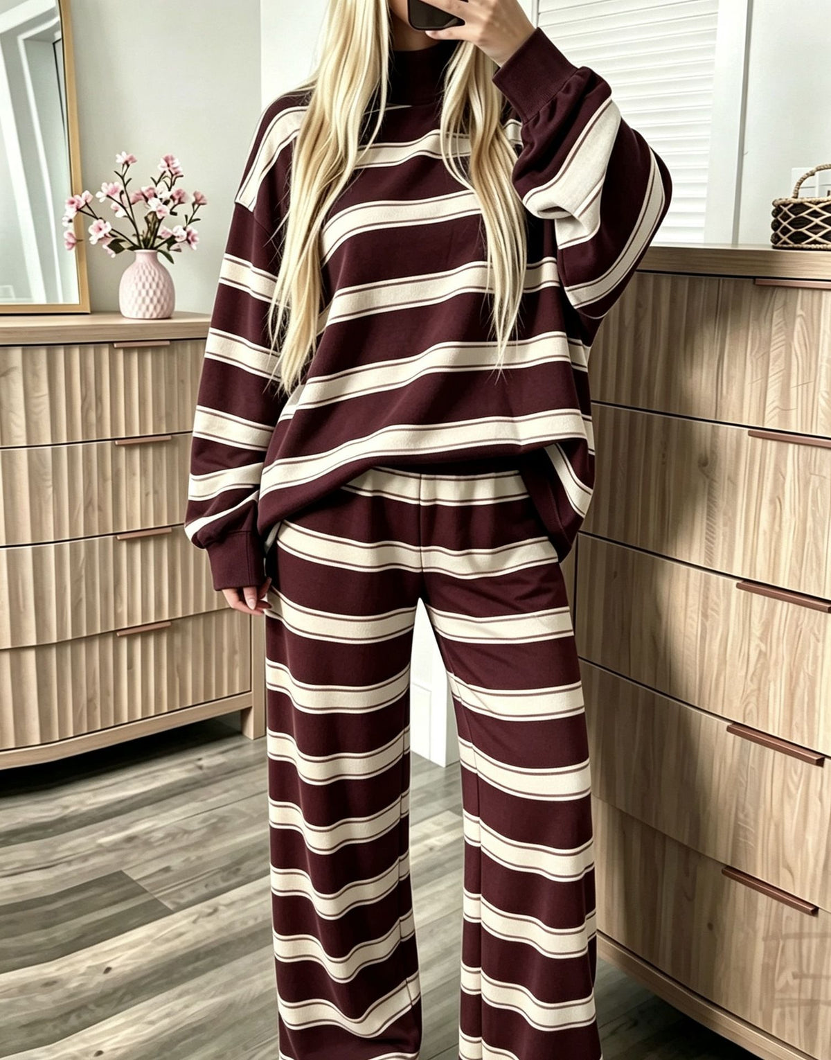 Striped Mock-Neck Top & Wide-Leg Pants Set