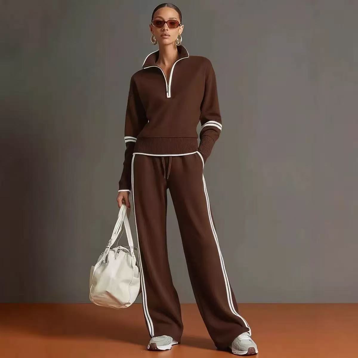 ✨ Women’s Contrast-Trim Half-Zip Wide-Leg Set