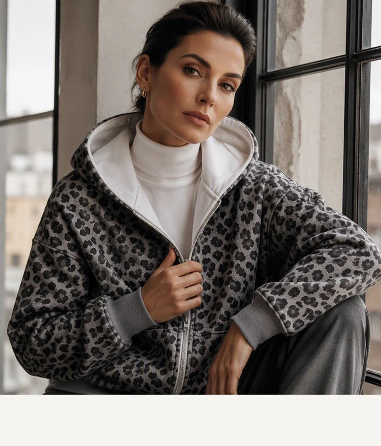🐆 Wild Detail, Easy Style | Women's Leopard Print Zip-Up Hoodie
