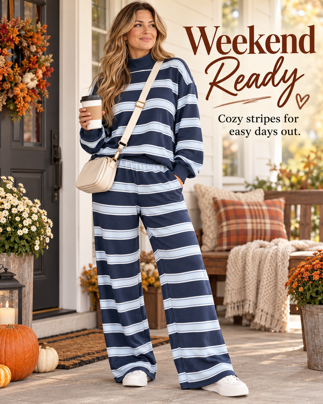 Striped Mock-Neck Top & Wide-Leg Pants Set
