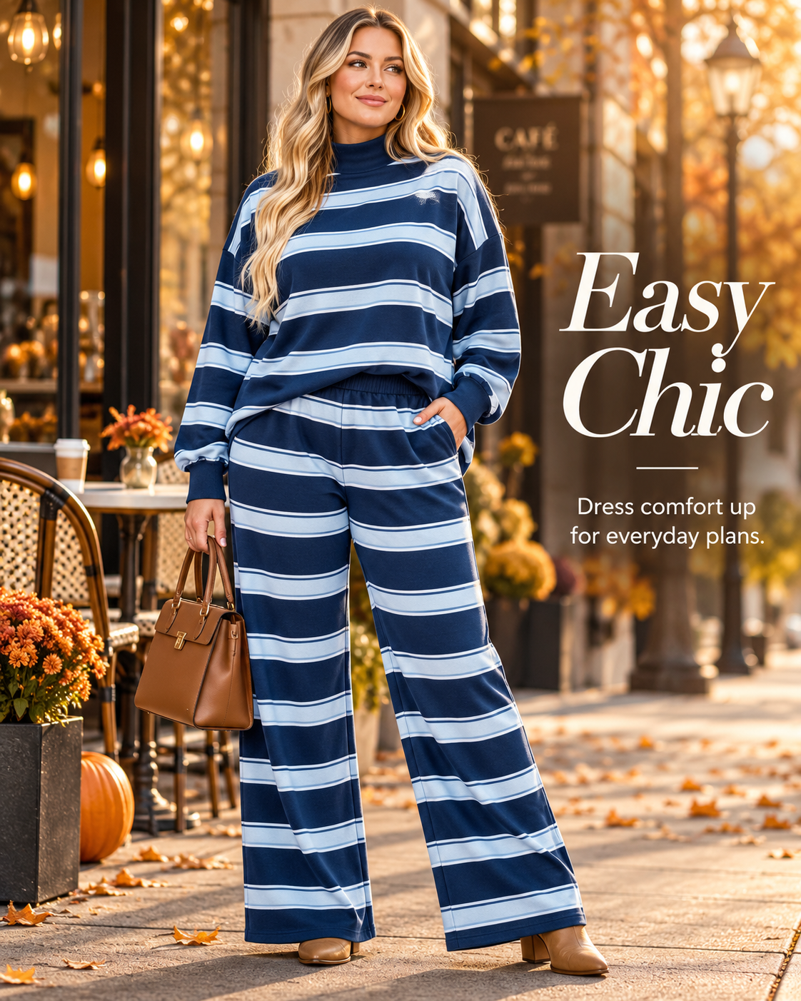 Striped Mock-Neck Top & Wide-Leg Pants Set