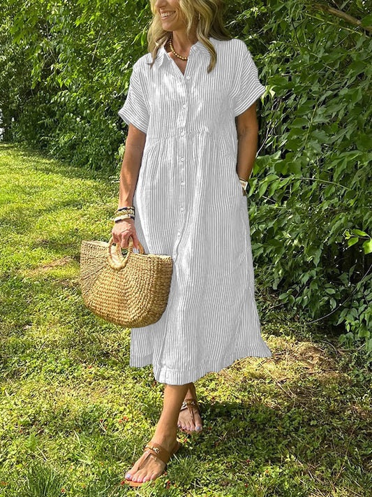 🔥 Striped Lapel Button Down Shirt Dress