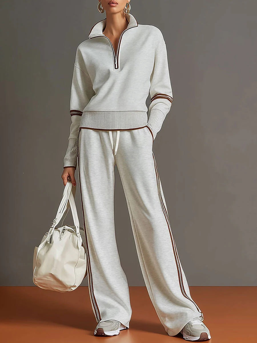 ✨ Women’s Contrast-Trim Half-Zip Wide-Leg Set