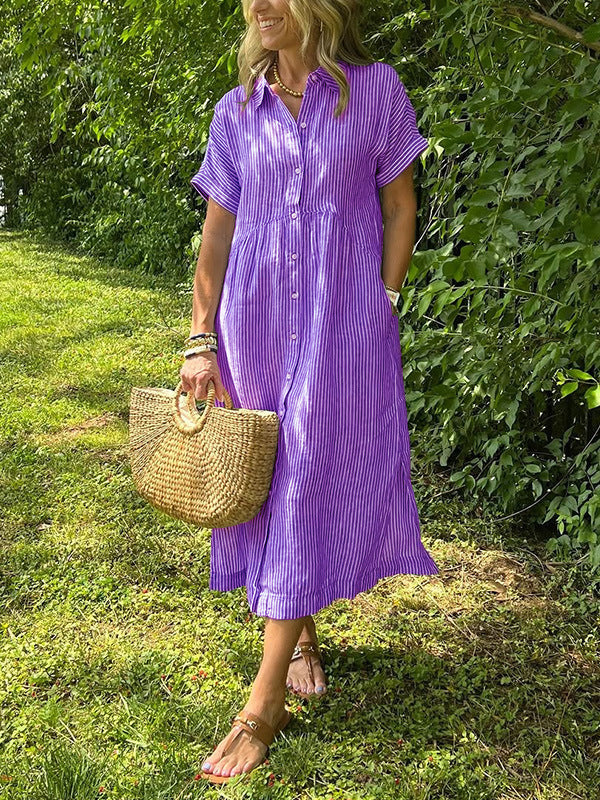 🔥 Striped Lapel Button Down Shirt Dress