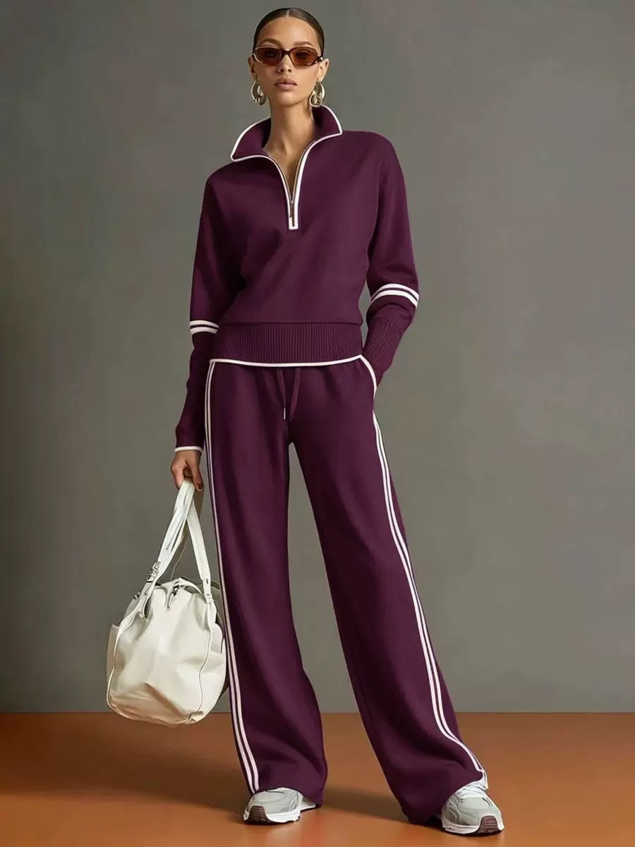 ✨ Women’s Contrast-Trim Half-Zip Wide-Leg Set