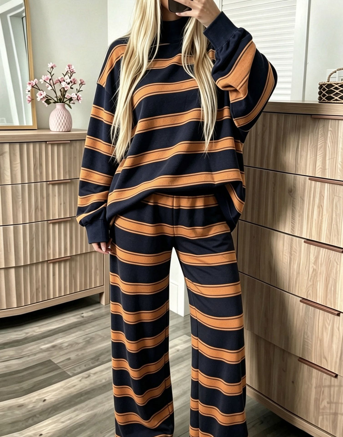 Striped Mock-Neck Top & Wide-Leg Pants Set