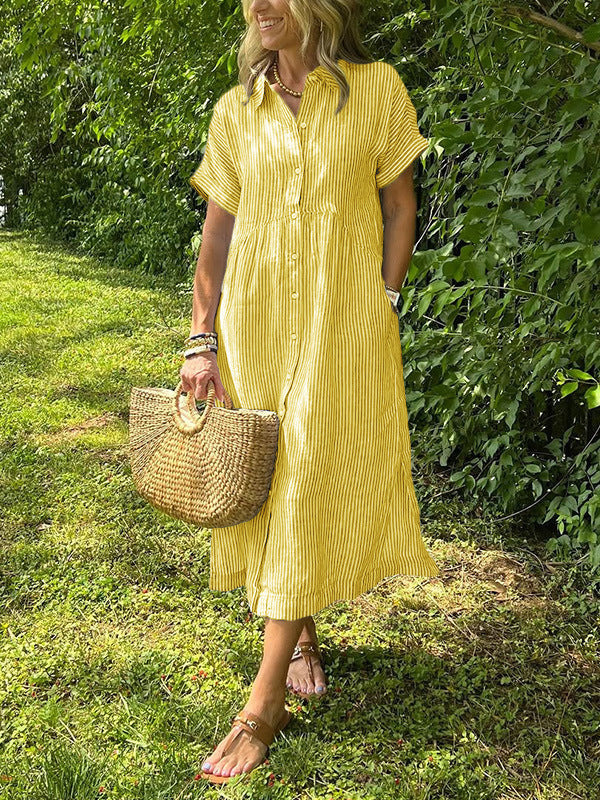 🔥 Striped Lapel Button Down Shirt Dress