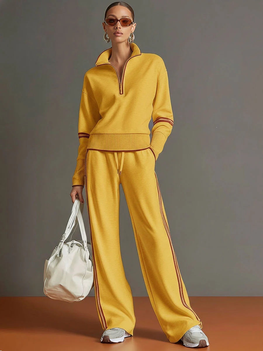 ✨ Women’s Contrast-Trim Half-Zip Wide-Leg Set