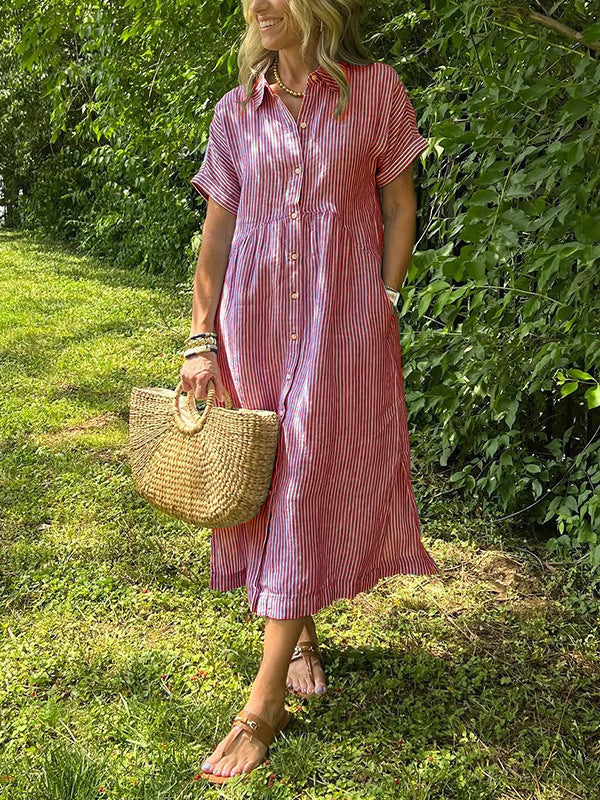🔥 Striped Lapel Button Down Shirt Dress