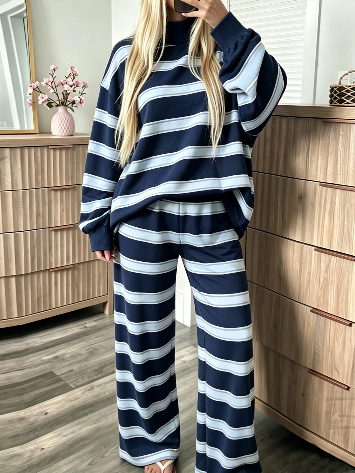 Striped Mock-Neck Top & Wide-Leg Pants Set