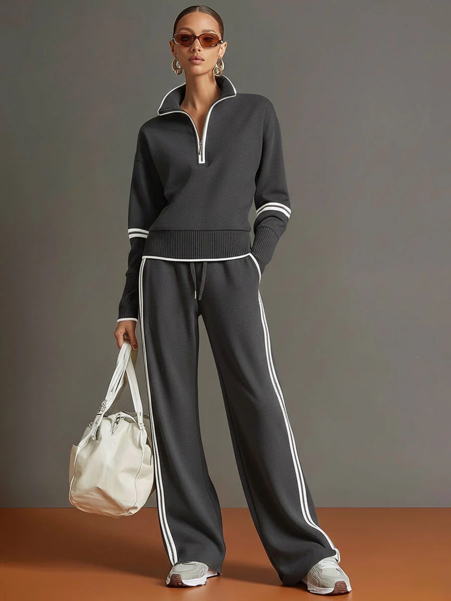 ✨ Women’s Contrast-Trim Half-Zip Wide-Leg Set