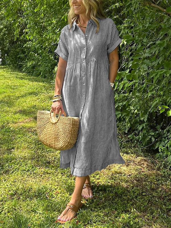 🔥 Striped Lapel Button Down Shirt Dress
