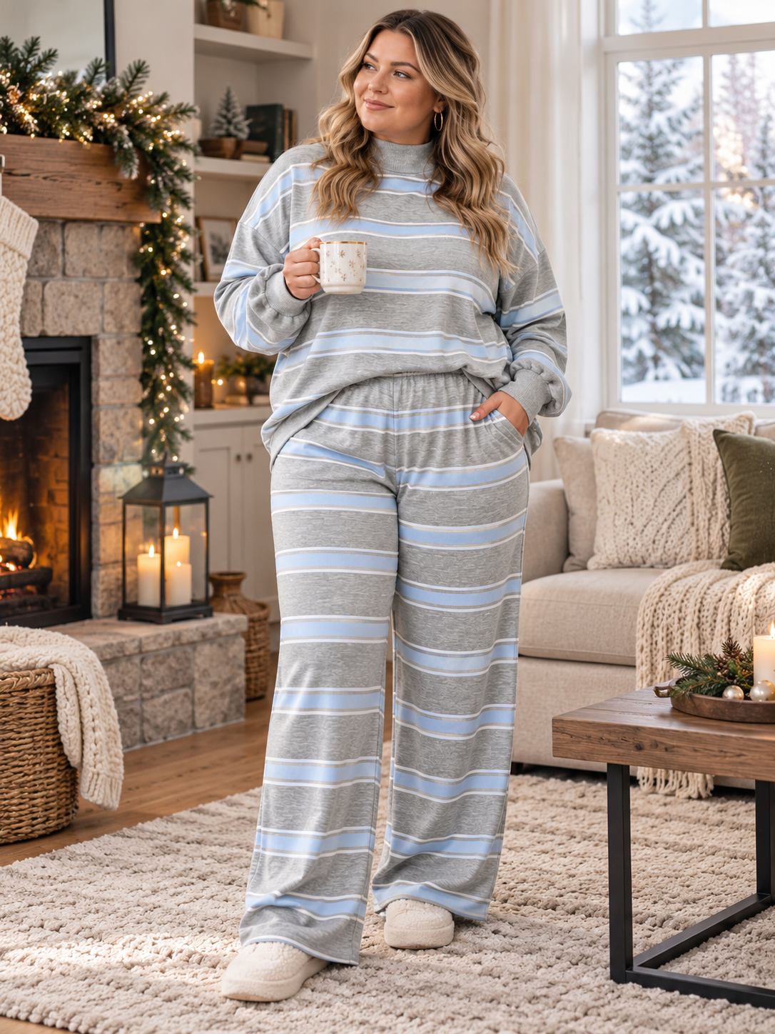 Striped Mock-Neck Top & Wide-Leg Pants Set