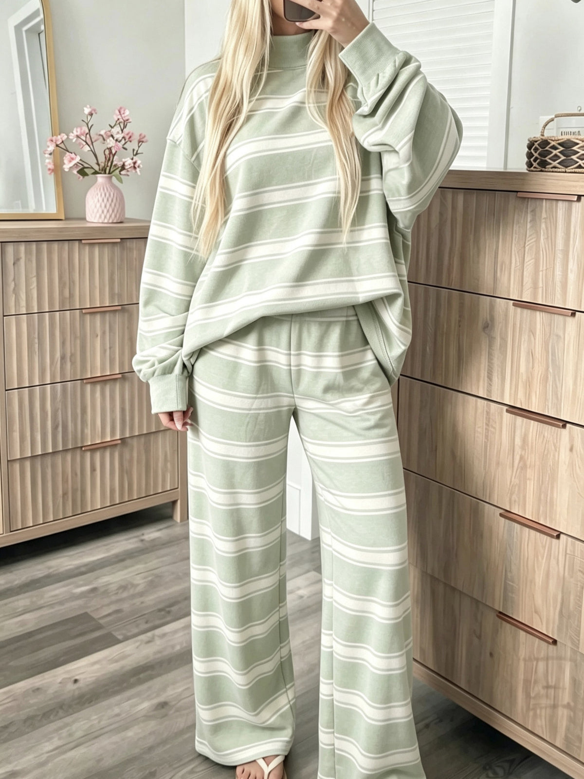 Striped Mock-Neck Top & Wide-Leg Pants Set