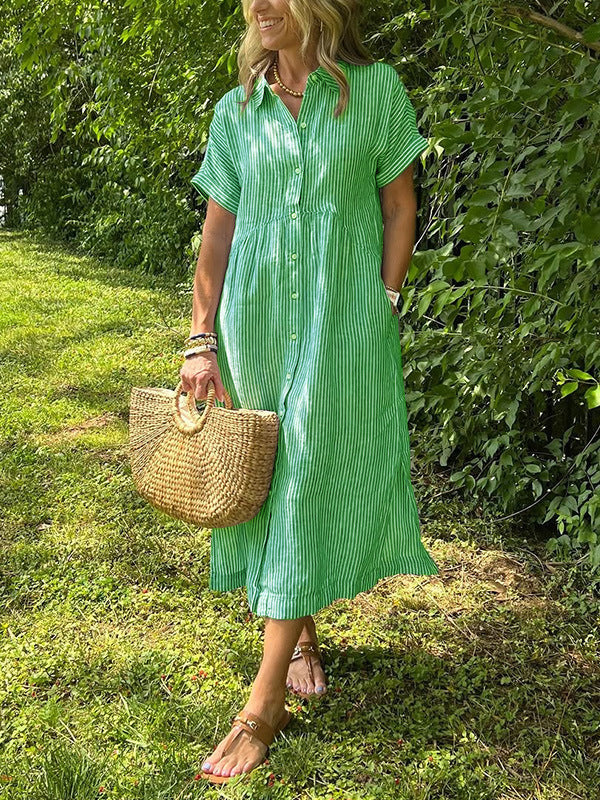 🔥 Striped Lapel Button Down Shirt Dress