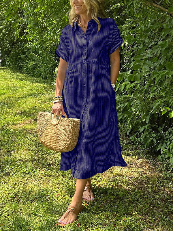 🔥 Striped Lapel Button Down Shirt Dress