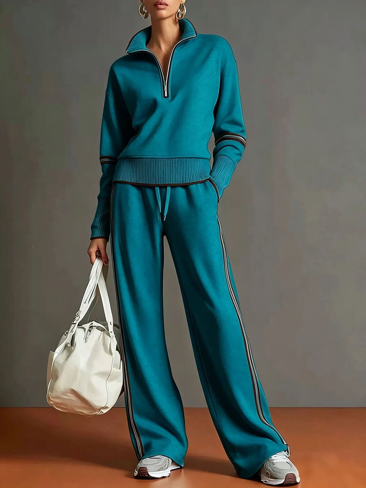 ✨ Women’s Contrast-Trim Half-Zip Wide-Leg Set