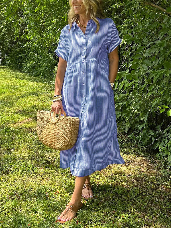 🔥 Striped Lapel Button Down Shirt Dress