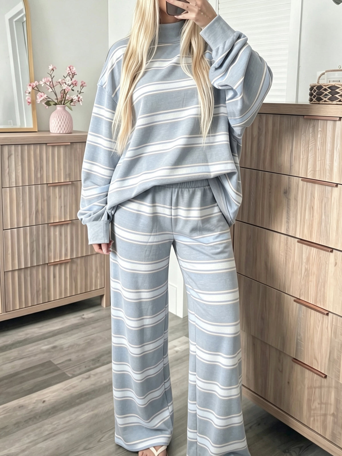 Striped Mock-Neck Top & Wide-Leg Pants Set