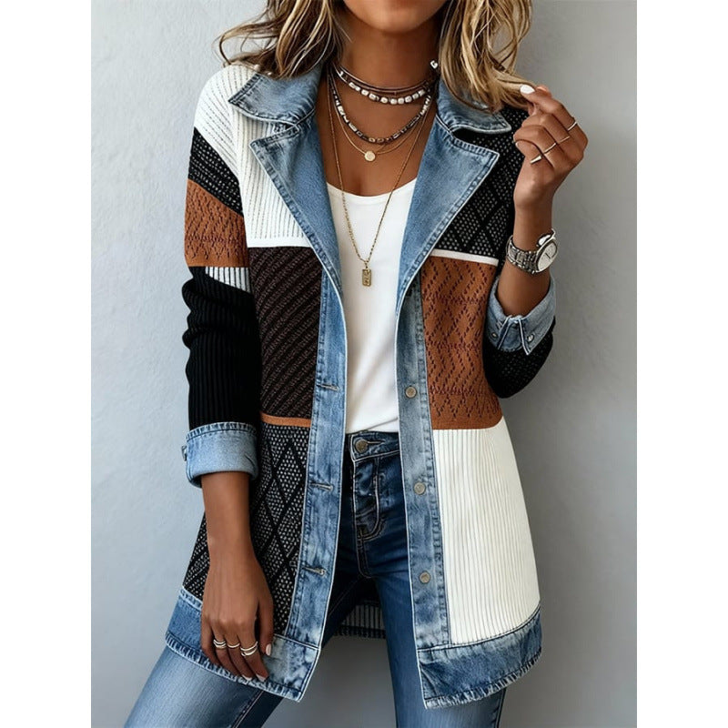 Seasonal Style🛍️Women’s Elegant Denim Spliced Ribbed Knit Coat