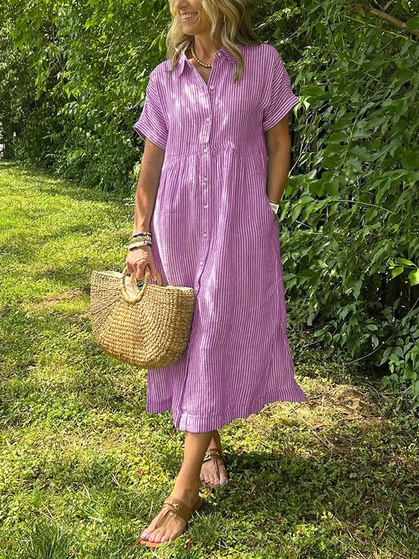 🔥 Striped Lapel Button Down Shirt Dress
